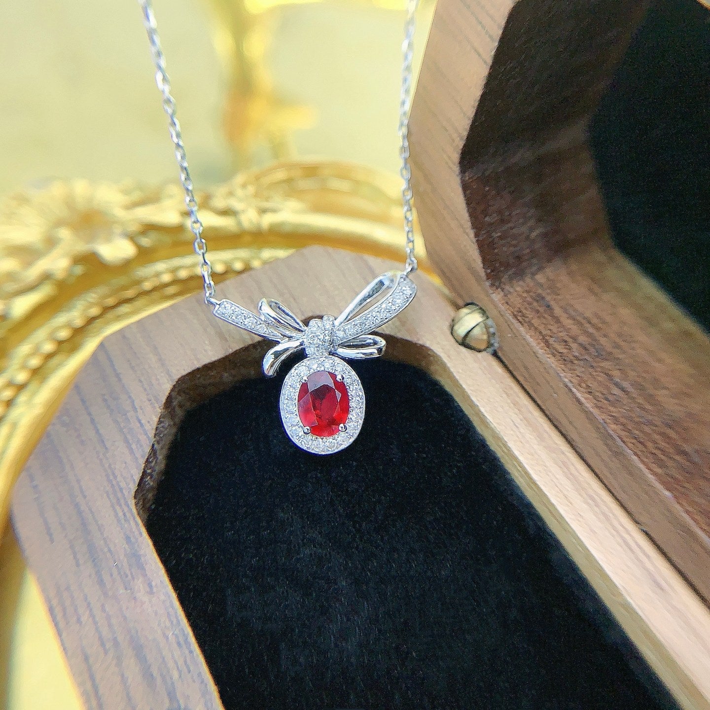 18K Rose Gold Ruby Elliptical Bowknot Necklace - Luxury Jewelry - Red Treasure Necklace