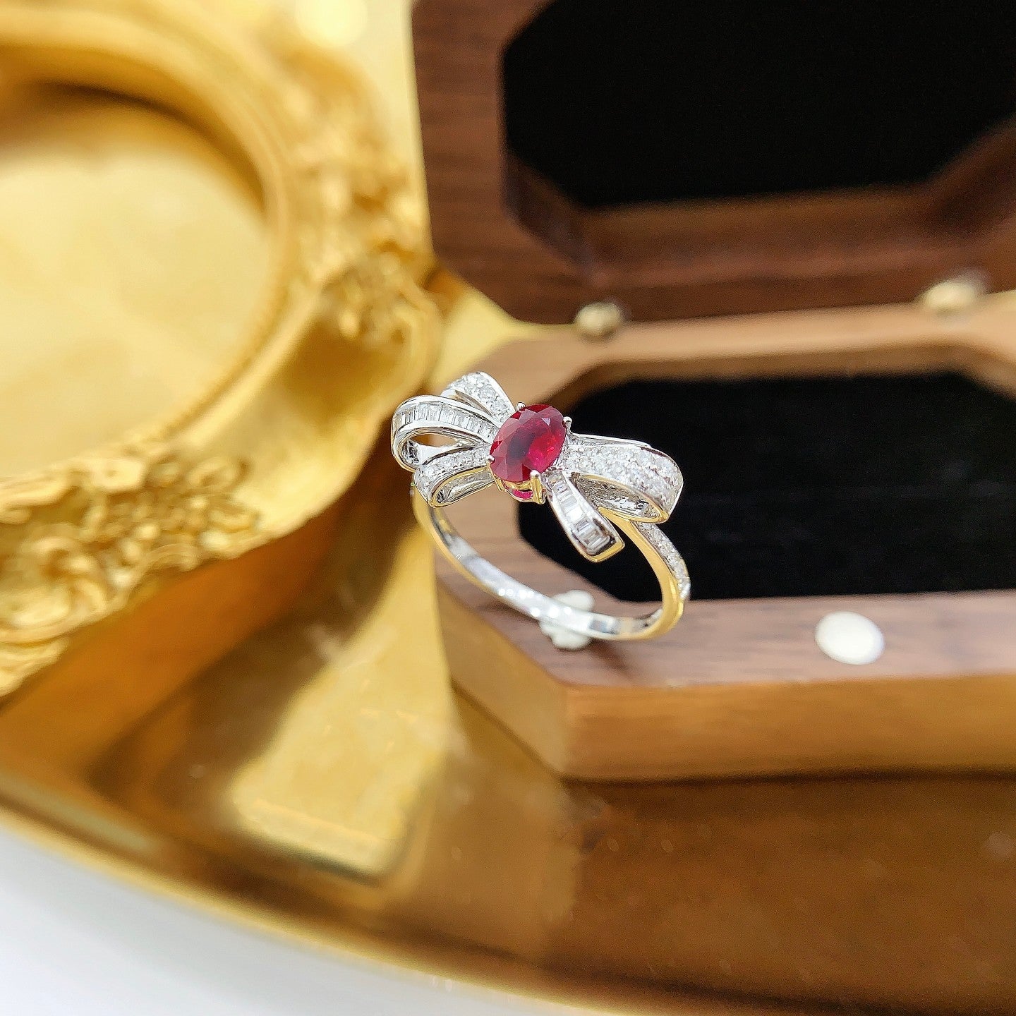 18K Rose Gold Ruby Elliptical Bowknot Ring | Premium Jewelry - Red Treasure Ring