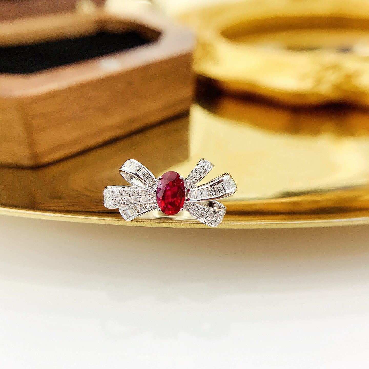 18K Rose Gold Ruby Elliptical Bowknot Ring | Premium Jewelry - Red Treasure Ring