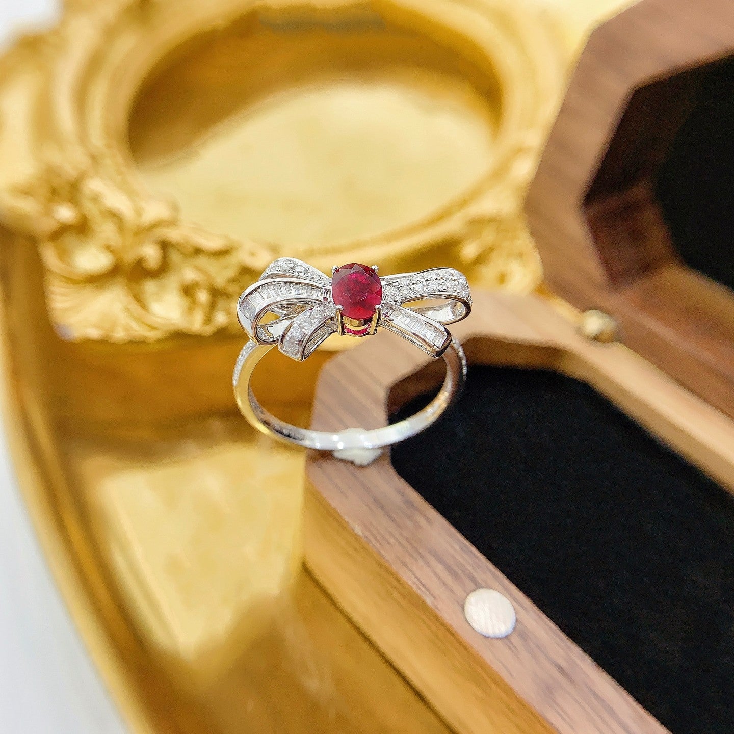 18K Rose Gold Ruby Elliptical Bowknot Ring | Premium Jewelry - Red Treasure Ring