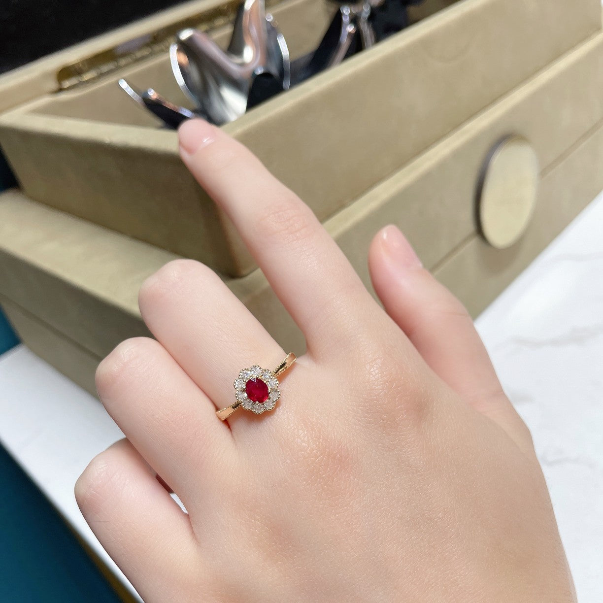 18K Rose Gold Ruby Elliptical Dewdrop Edge Ring | Premium Jewelry - Red Treasure Ring