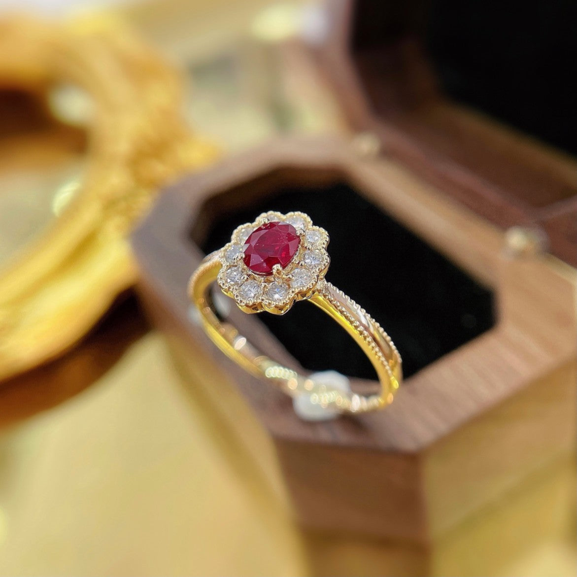 18K Rose Gold Ruby Elliptical Dewdrop Edge Ring | Premium Jewelry - Red Treasure Ring