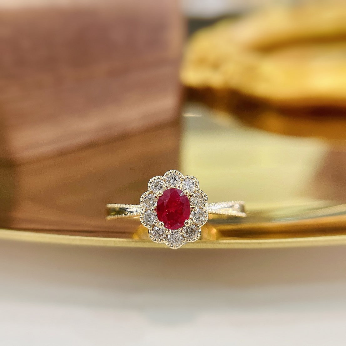 18K Rose Gold Ruby Elliptical Dewdrop Edge Ring | Premium Jewelry - Red Treasure Ring