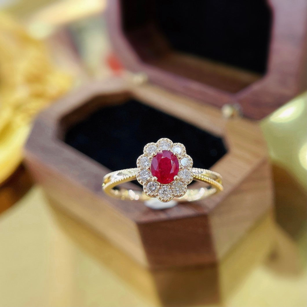 18K Rose Gold Ruby Elliptical Dewdrop Edge Ring | Premium Jewelry - Red Treasure Ring