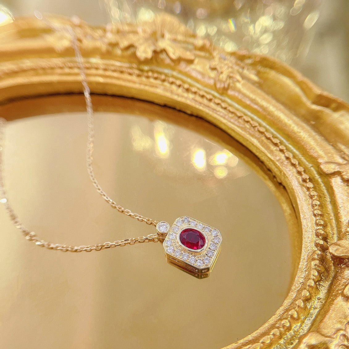 18K Rose Gold Ruby Elliptical Diamond-Cut Edge Necklace - Red Treasure Necklace