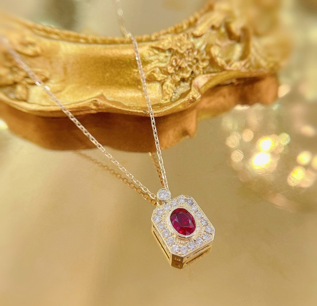 18K Rose Gold Ruby Elliptical Diamond-Cut Edge Necklace - Red Treasure Necklace