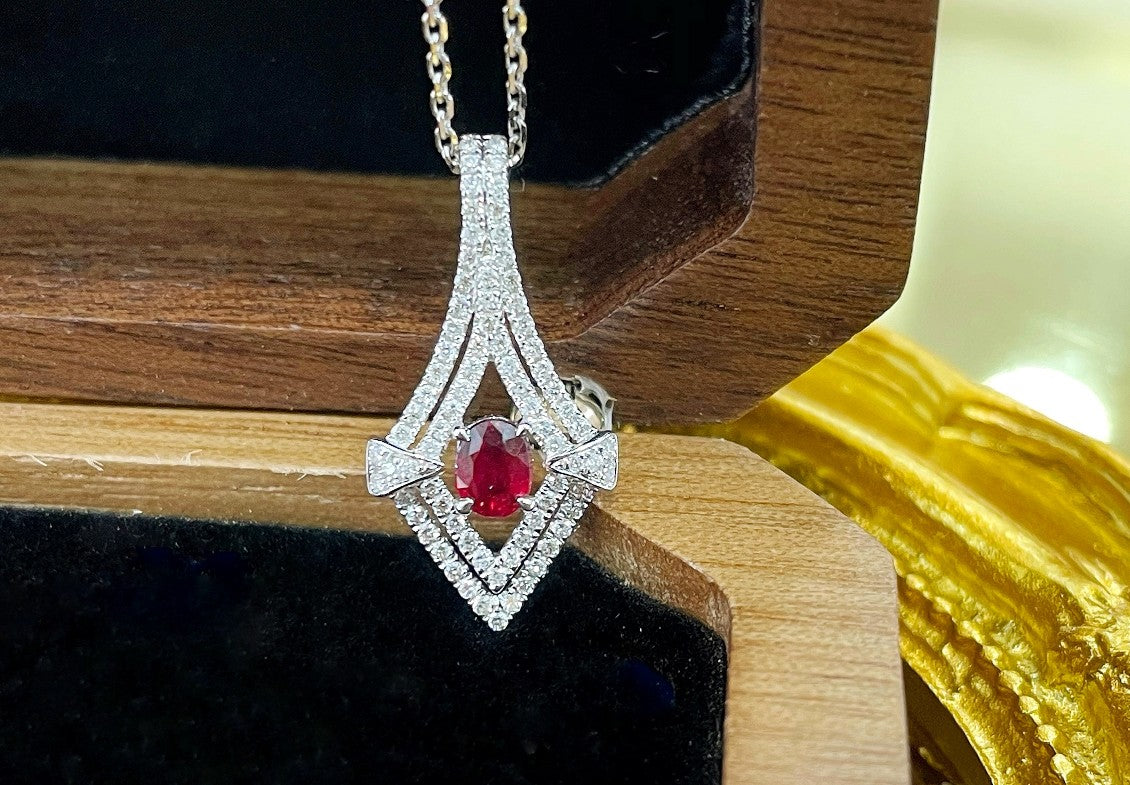 18K Rose Gold Ruby Elliptical Diamond Pendant Necklace - Red Treasure Necklace