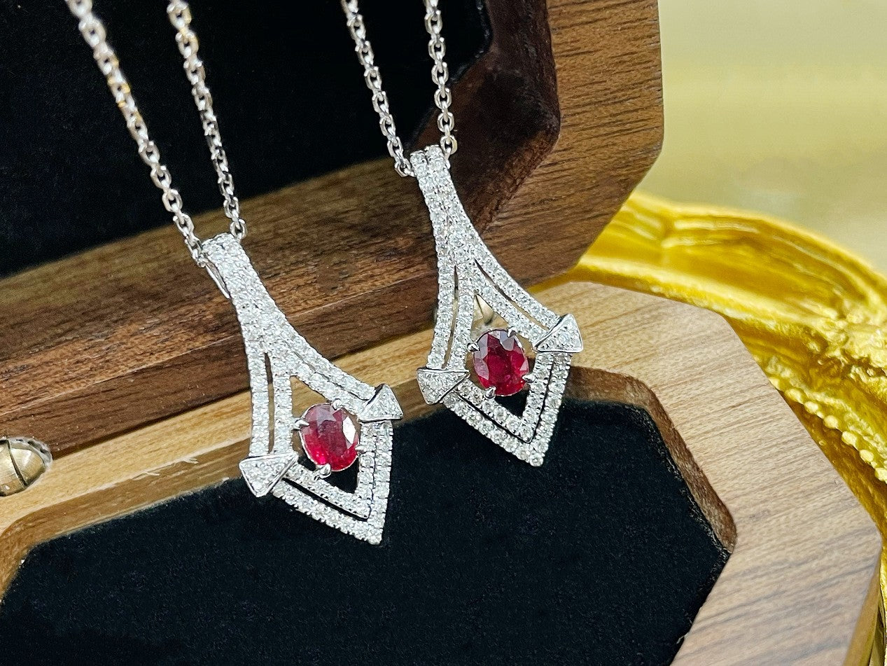 18K Rose Gold Ruby Elliptical Diamond Pendant Necklace - Red Treasure Necklace