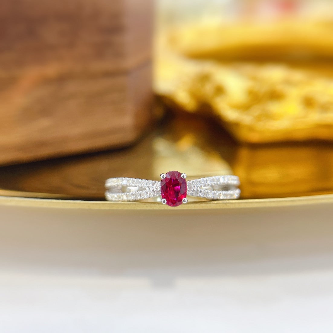 18K Rose Gold Ruby Elliptical Double-Arm Hollow Ring | Premium Jewelry - Red Treasure Ring