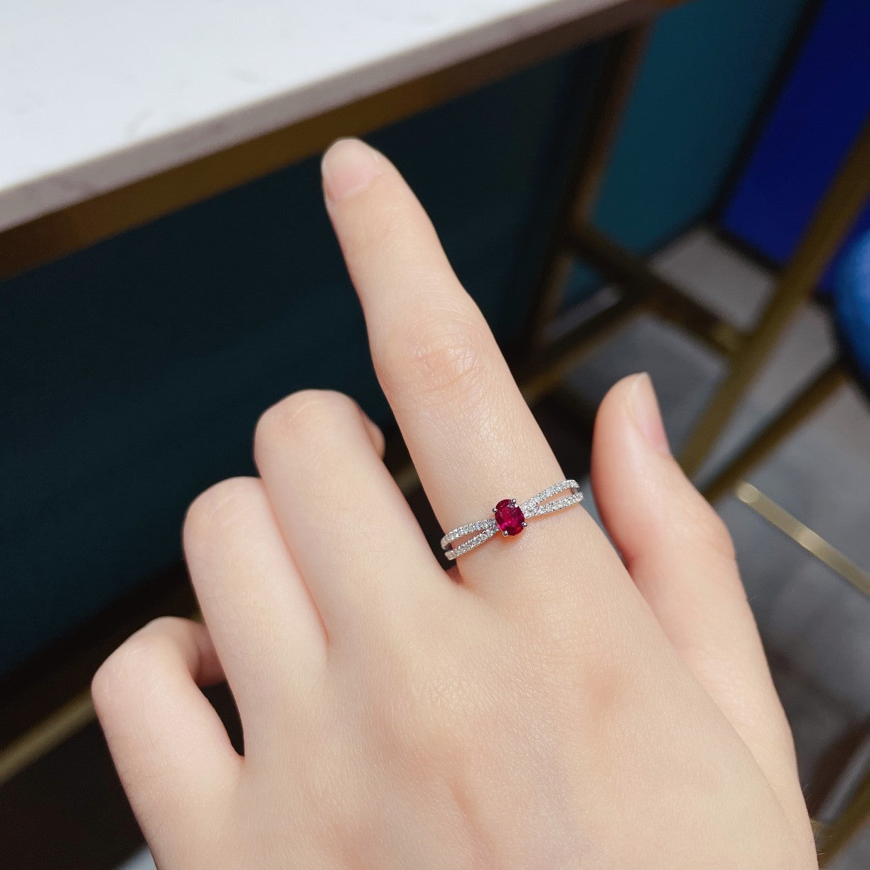 18K Rose Gold Ruby Elliptical Double-Arm Hollow Ring | Premium Jewelry - Red Treasure Ring