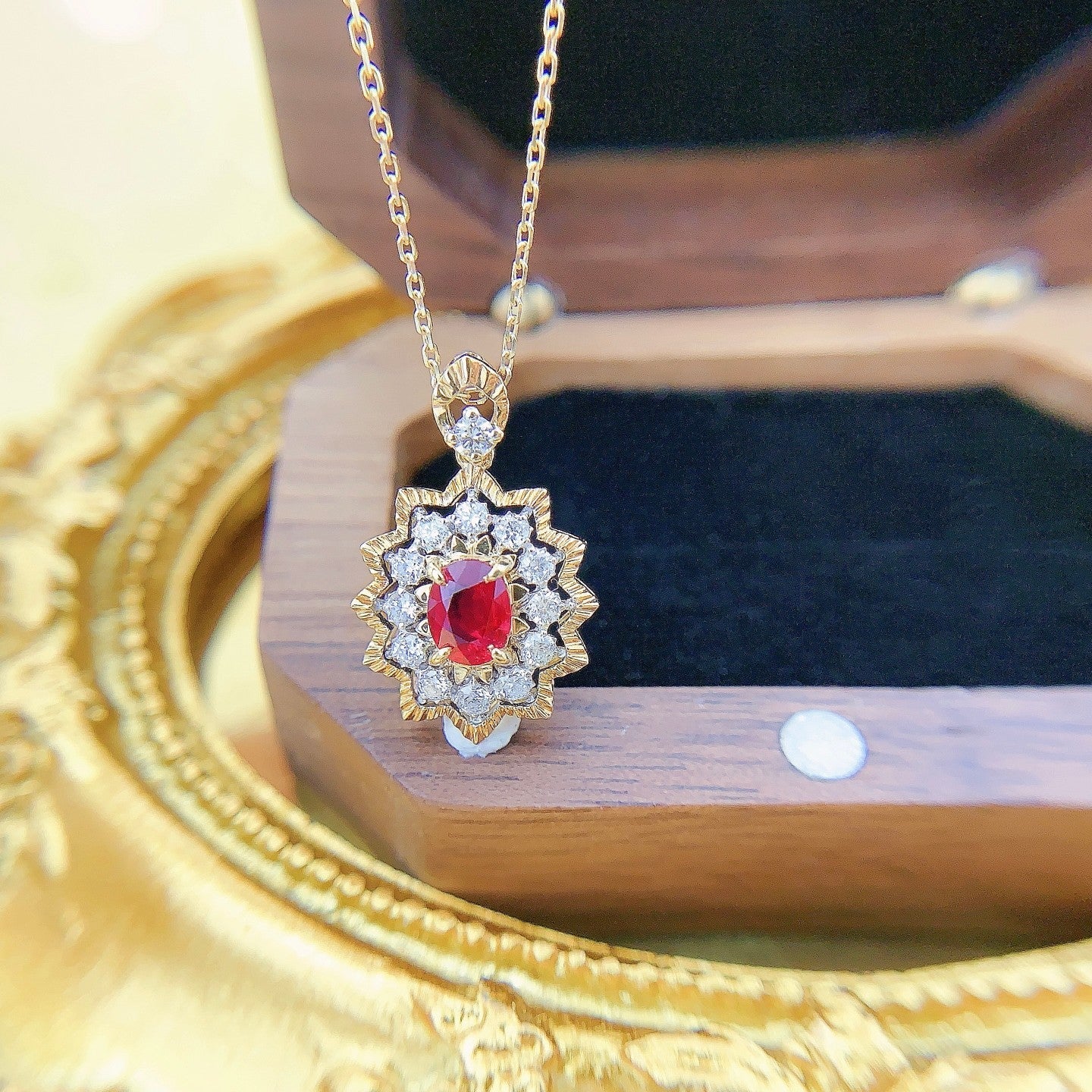 18K Rose Gold Ruby Elliptical Halo Diamond Necklace - Red Treasure Necklace