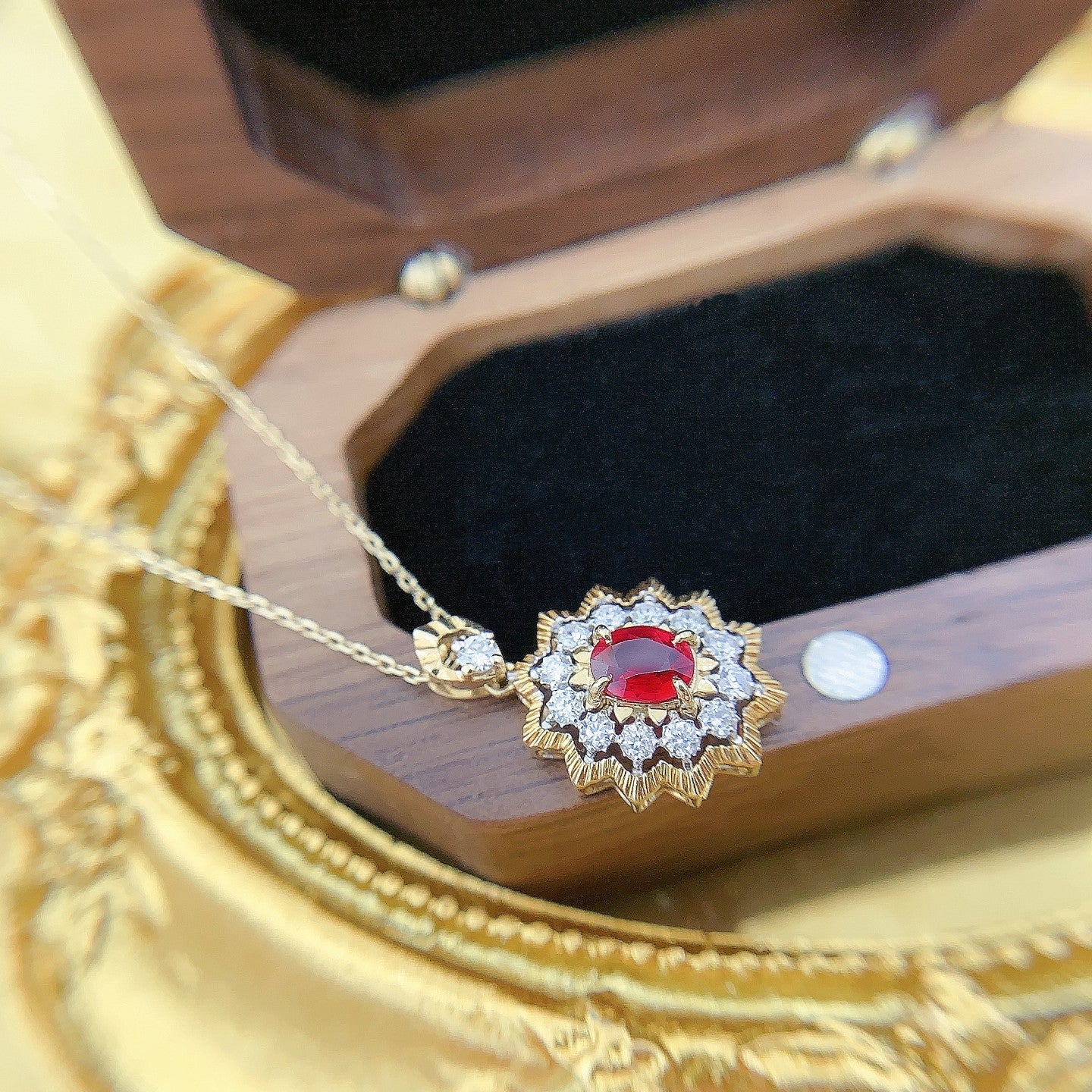 18K Rose Gold Ruby Elliptical Halo Diamond Necklace - Red Treasure Necklace