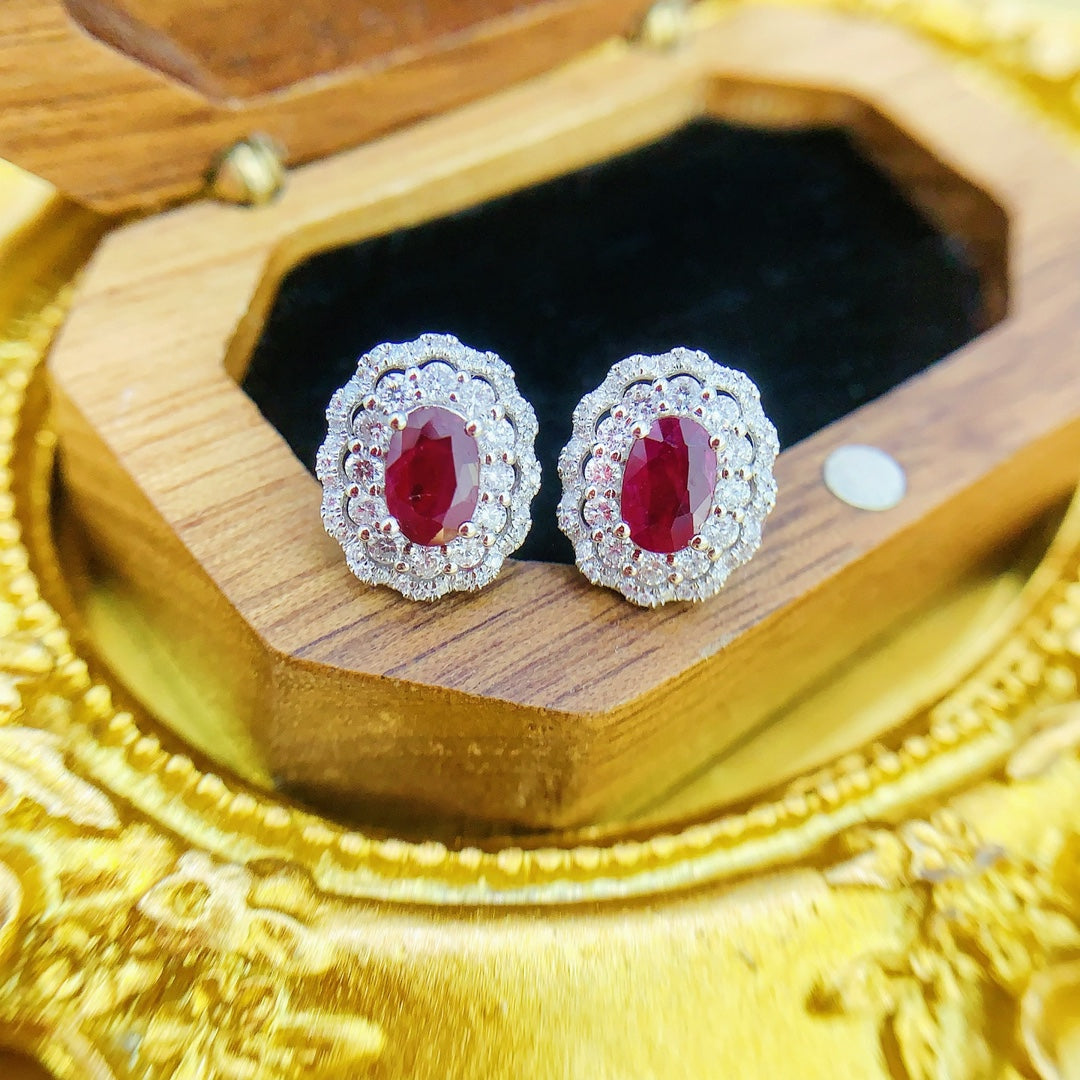 18K Rose Gold Ruby Elliptical Hollow Lace-Edged Pavé Earrings Jeweler.Jewelry