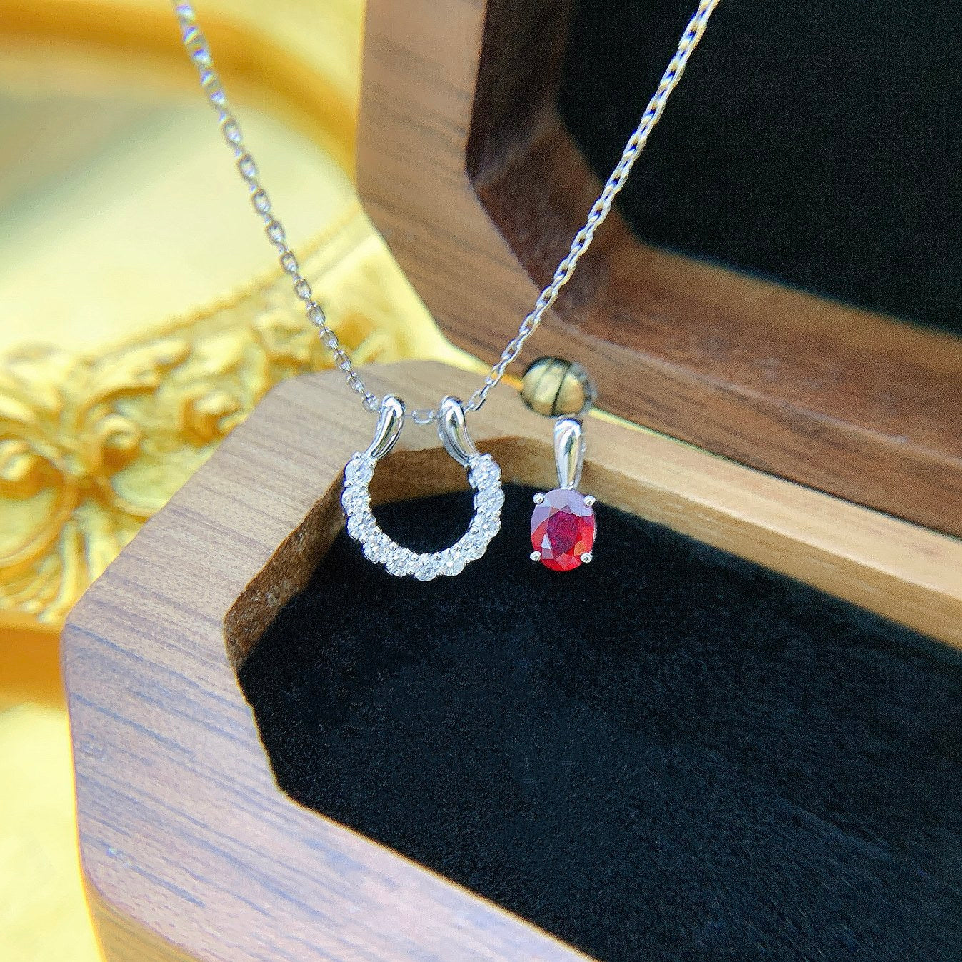 18K Rose Gold Ruby Elliptical Pendant Necklace - Dual Wear Jewelry - Red Treasure Necklace