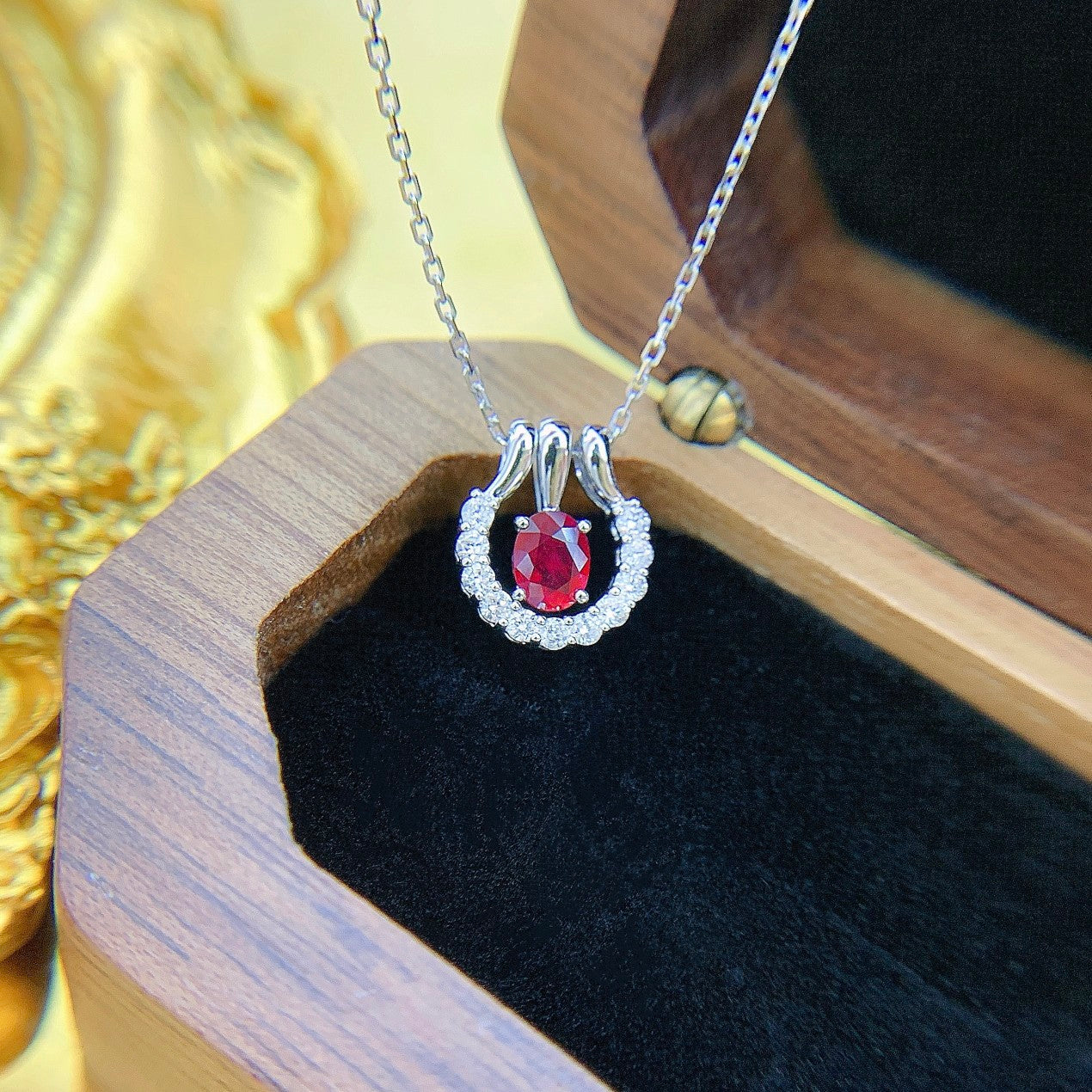 18K Rose Gold Ruby Elliptical Pendant Necklace - Dual Wear Jewelry - Red Treasure Necklace