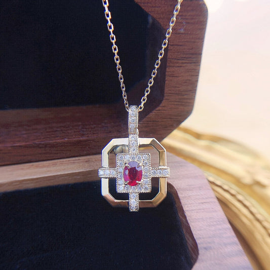 18K Rose Gold Ruby Elliptical Shield Pendant Necklace - Red Treasure Necklace