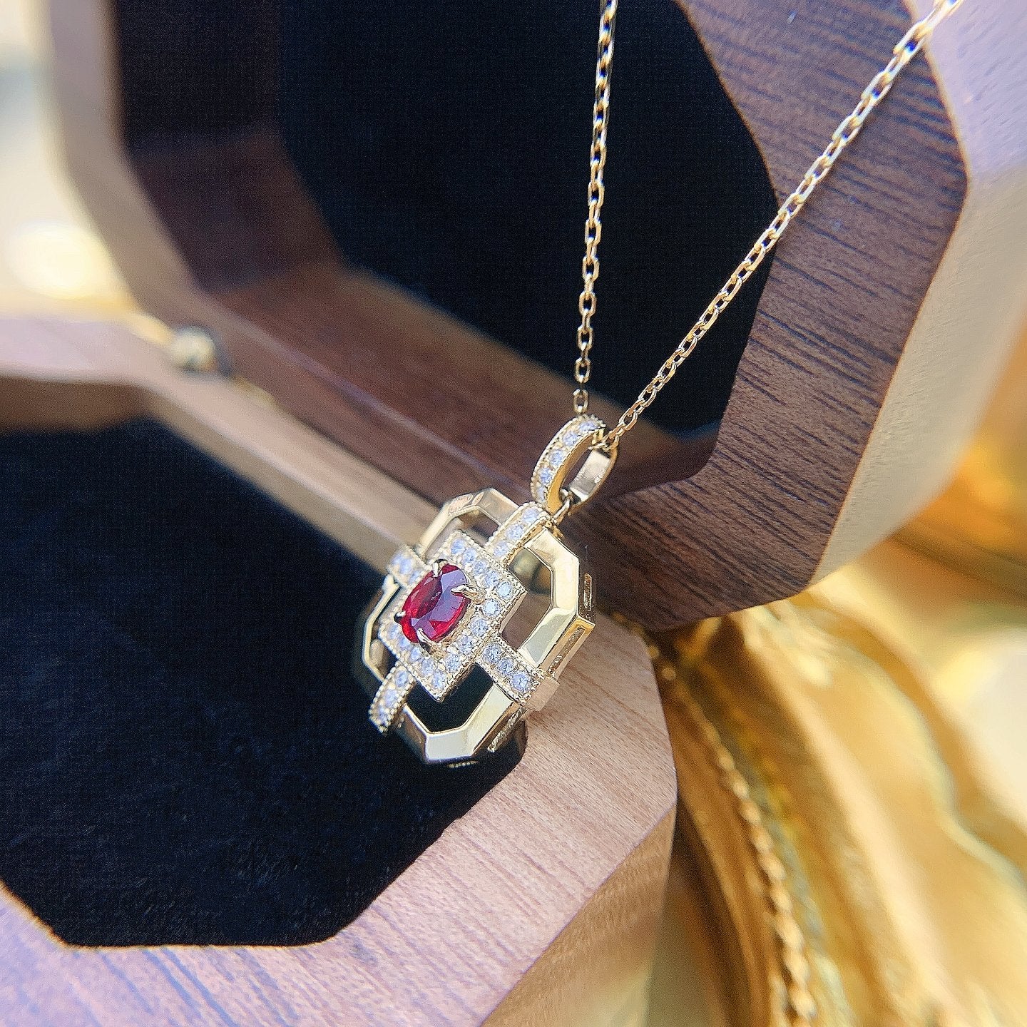 18K Rose Gold Ruby Elliptical Shield Pendant Necklace - Red Treasure Necklace