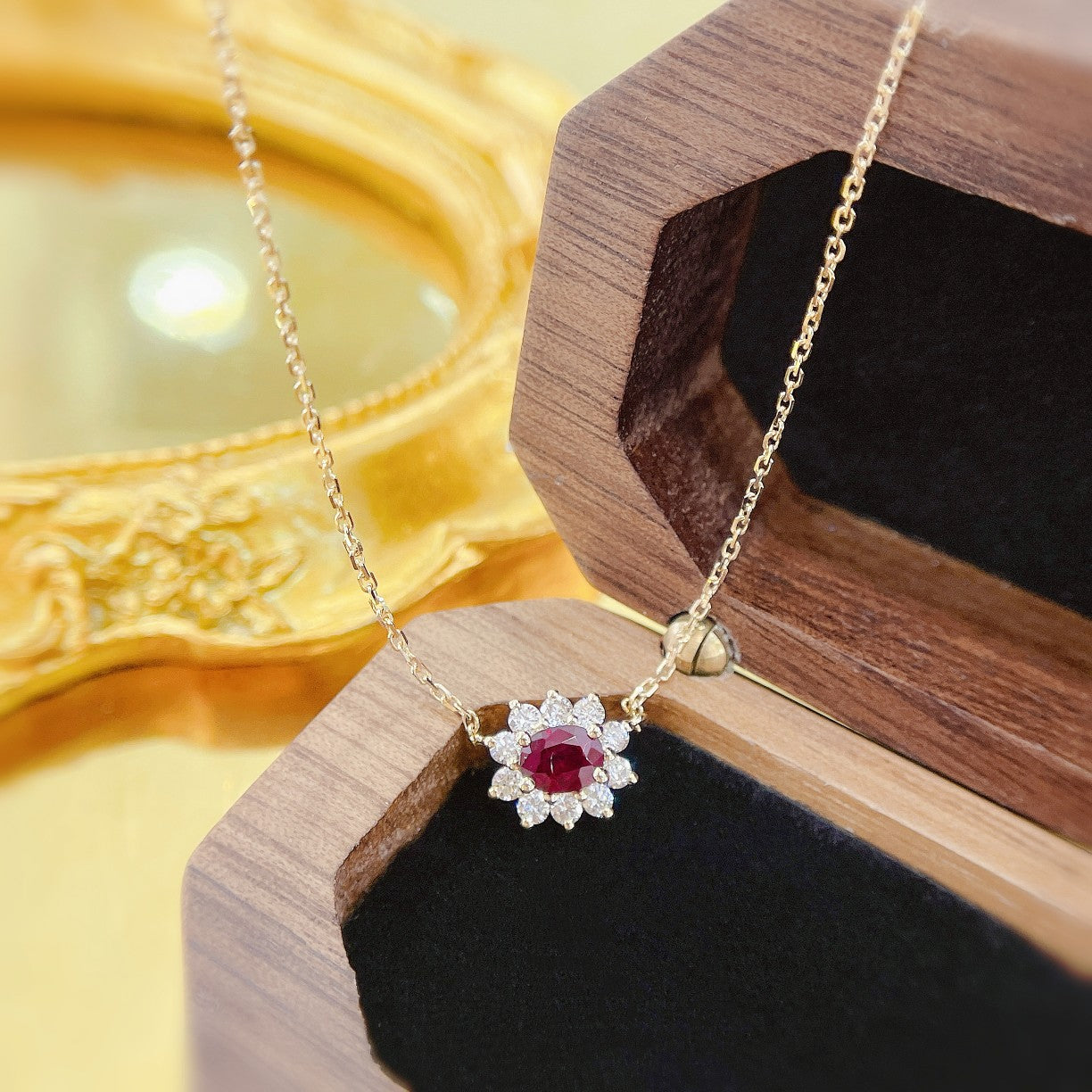 18K Rose Gold Ruby Elliptical Sunflower Pendant Necklace - Red Treasure Necklace