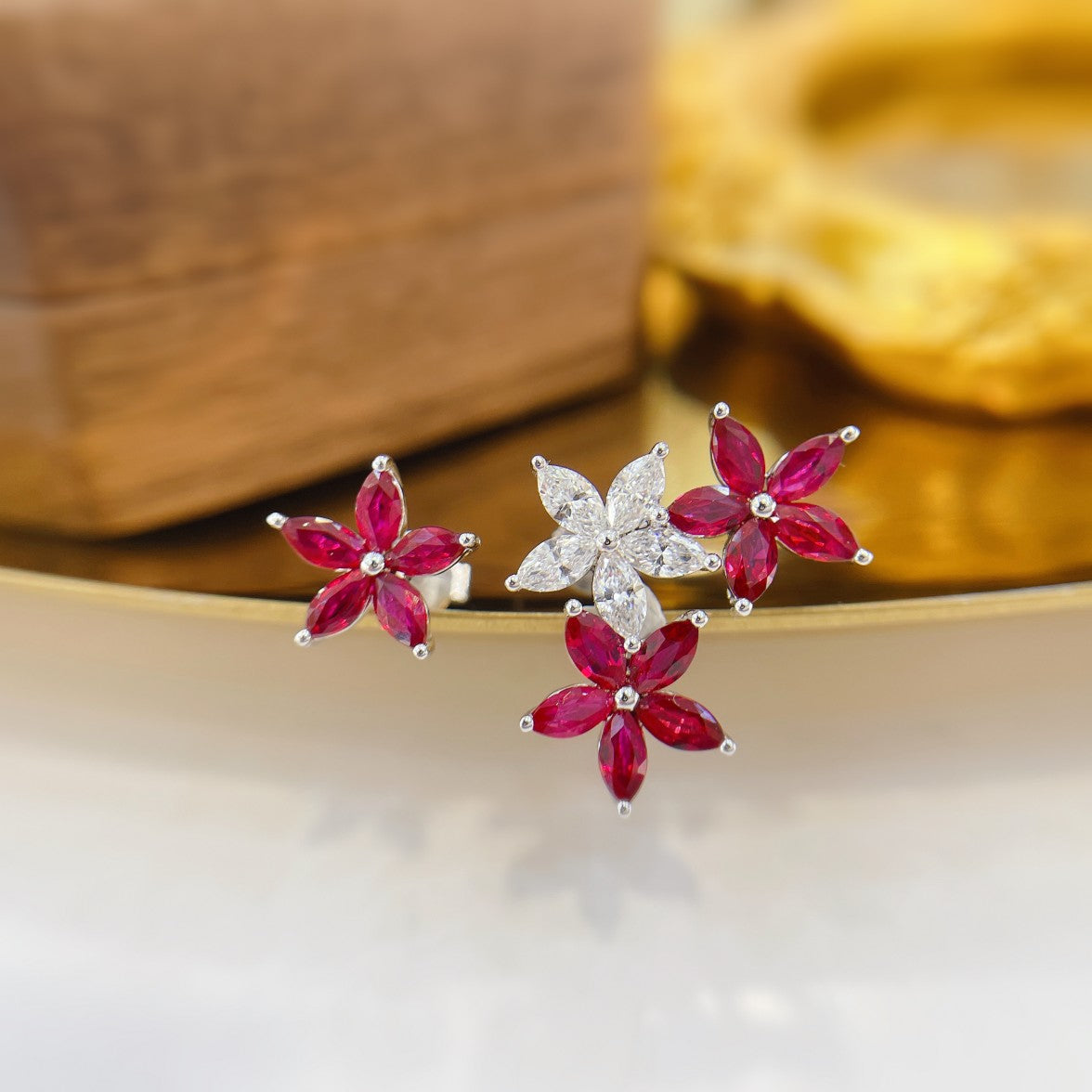 18K Rose Gold Ruby Five-Petal AB Earrings - Luxury Jewelry Jeweler.Jewelry