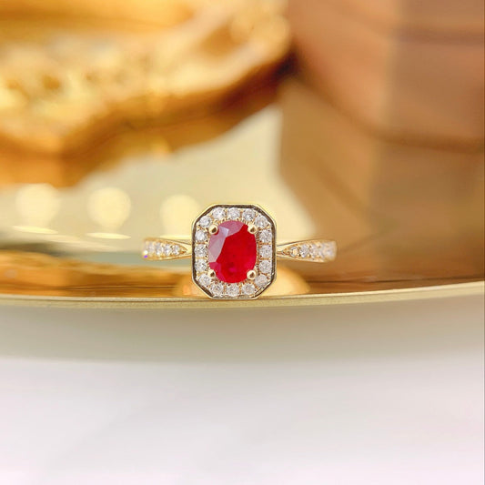 18K Rose Gold Ruby Oval Diamond Surround Ring - Luxurious Jewelry - Red Treasure Ring