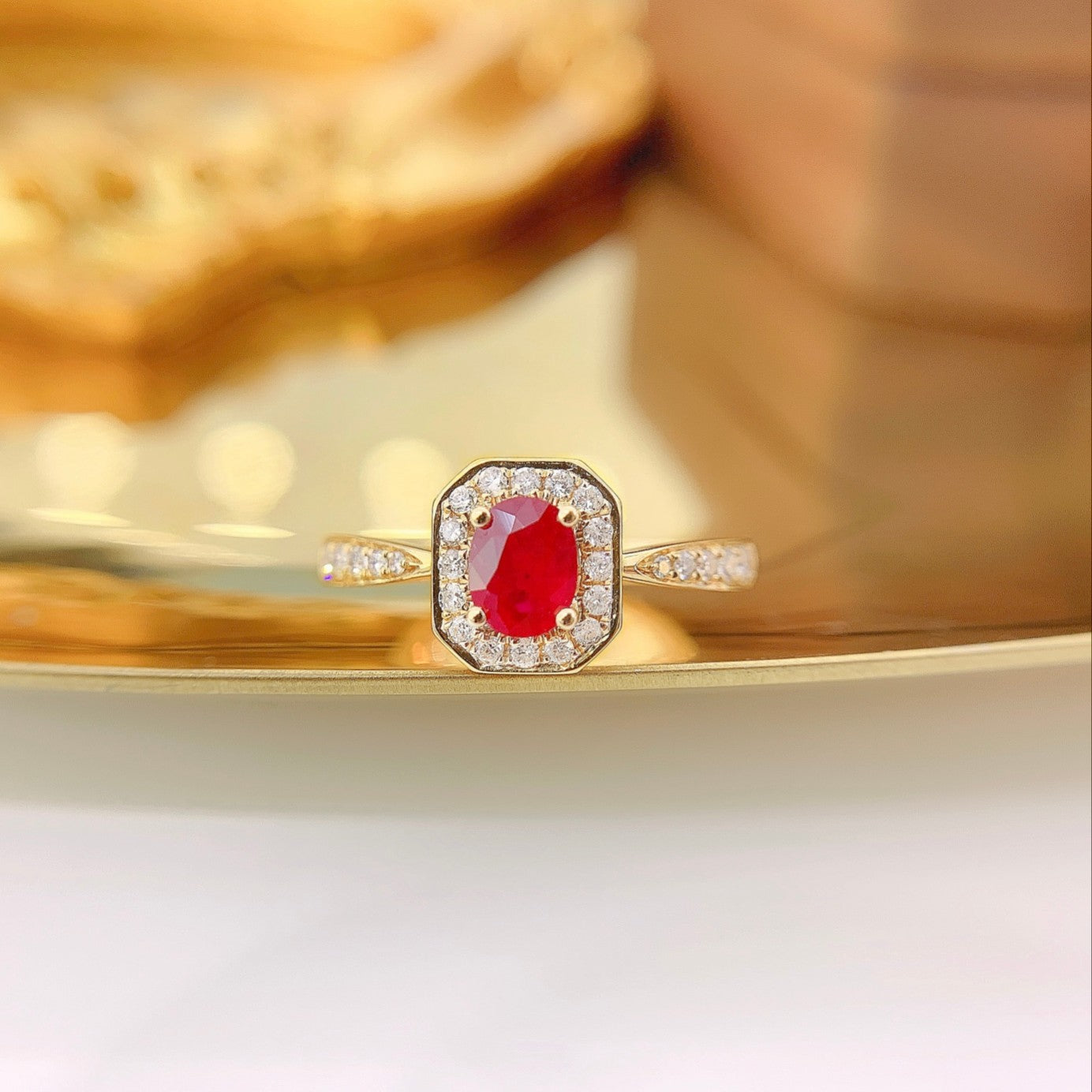 18K Rose Gold Ruby Oval Diamond Surround Ring - Luxury Jewelry - Red Treasure Ring