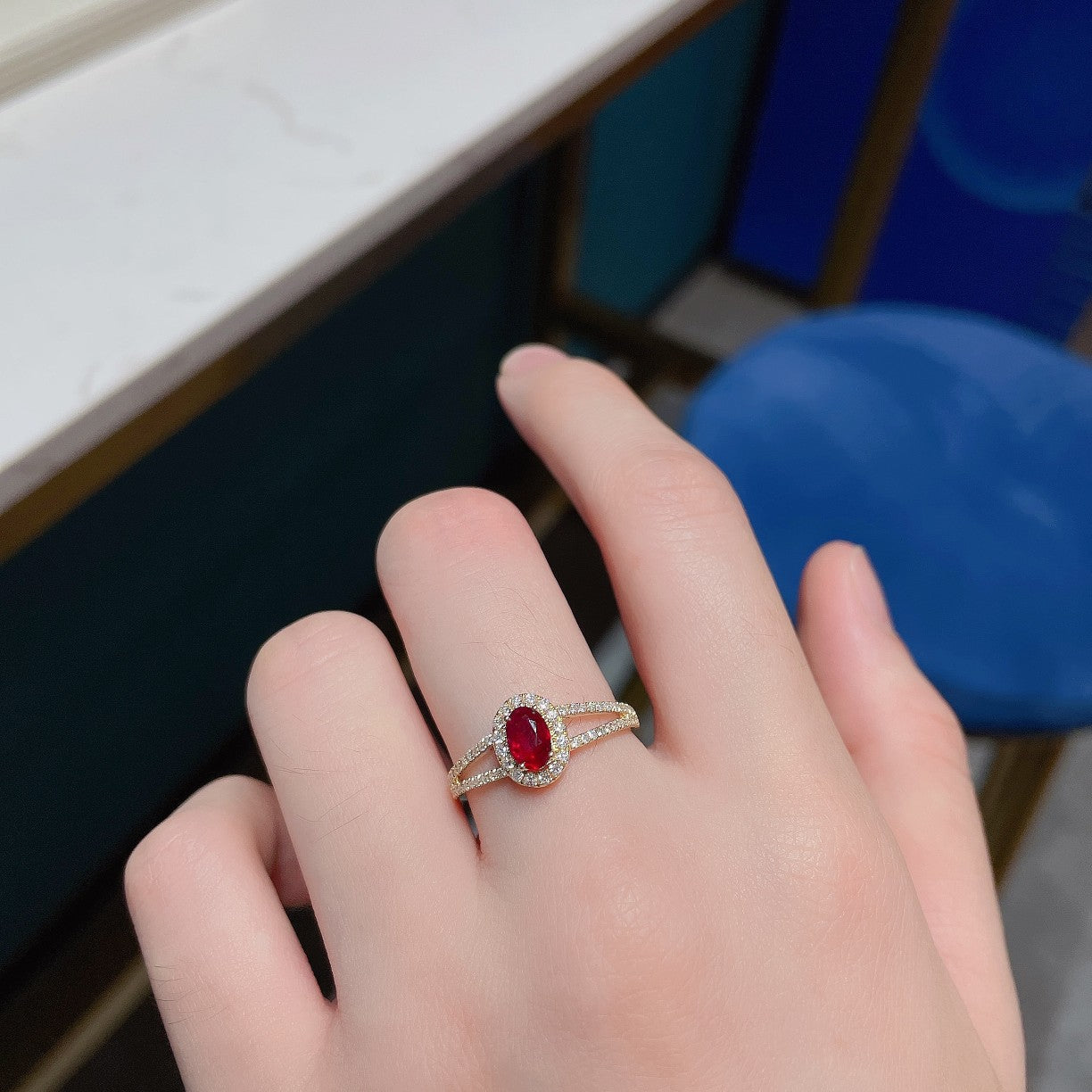 18K Rose Gold Ruby Oval Diamond-Surrounded Y-Arm Ring | Luxury Jewelry - Red Treasure Ring