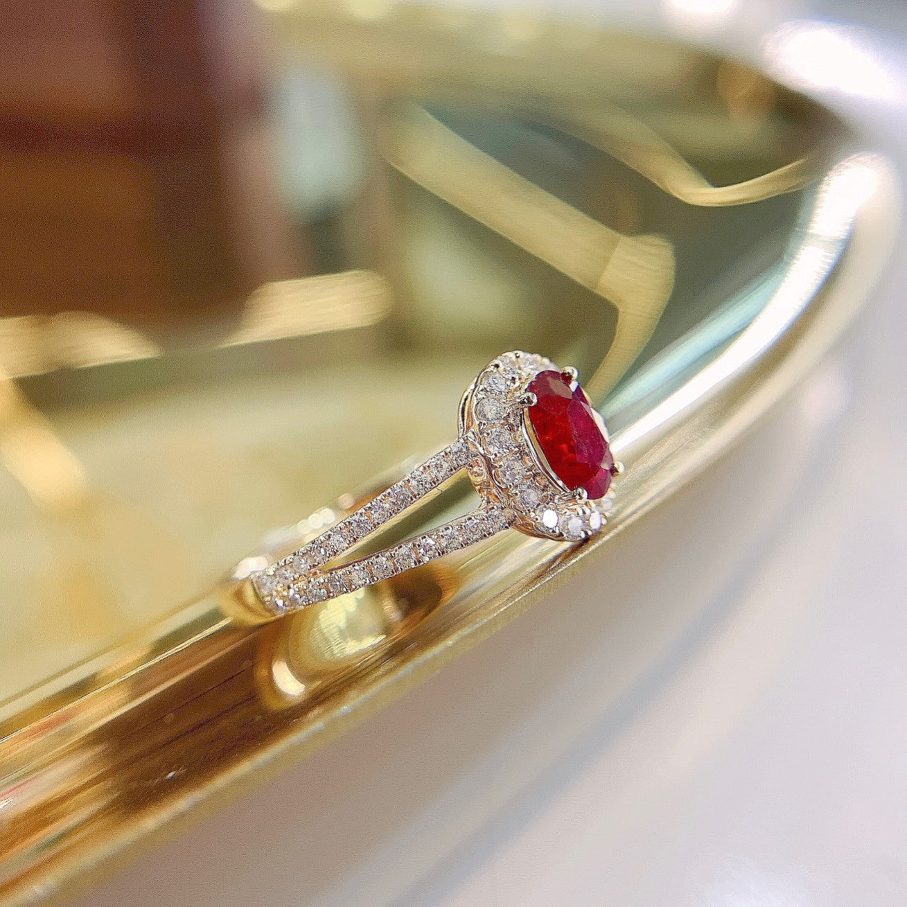 18K Rose Gold Ruby Oval Diamond-Surrounded Y-Arm Ring | Luxury Jewelry - Red Treasure Ring