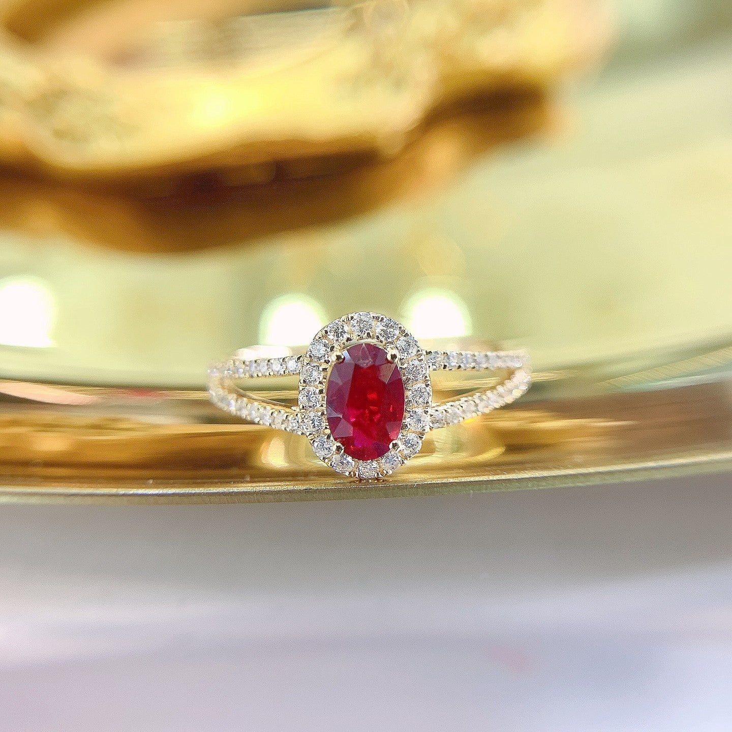 18K Rose Gold Ruby Oval Diamond-Surrounded Y-Arm Ring | Luxury Jewelry - Red Treasure Ring