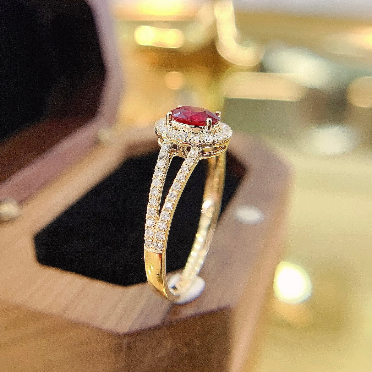 18K Rose Gold Ruby Oval Diamond-Surrounded Y-Arm Ring | Luxury Jewelry - Red Treasure Ring