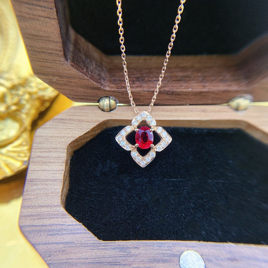 18K Rose Gold Ruby Oval Four-Claw Petal Necklace - Exquisite Jewelry - Red Treasure Necklace