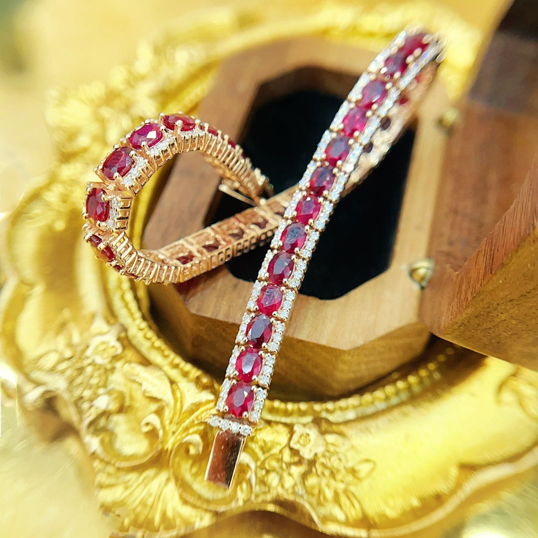 18K Rose Gold Ruby Oval Full-Set Bracelet - Luxurious Jewelry Piece - Red Treasure Bracelet