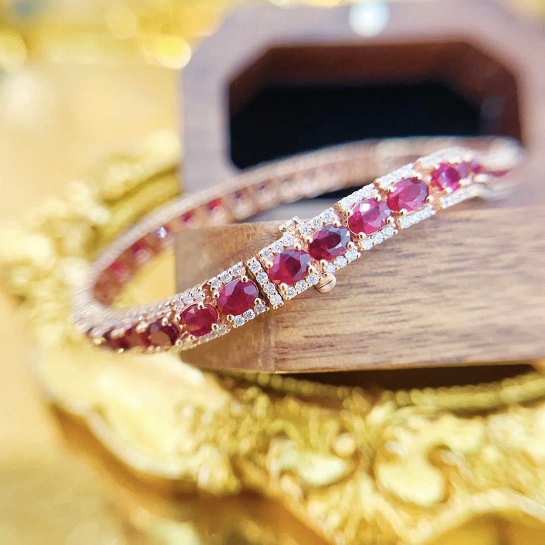 18K Rose Gold Ruby Oval Full-Set Bracelet - Luxurious Jewelry Piece - Red Treasure Bracelet