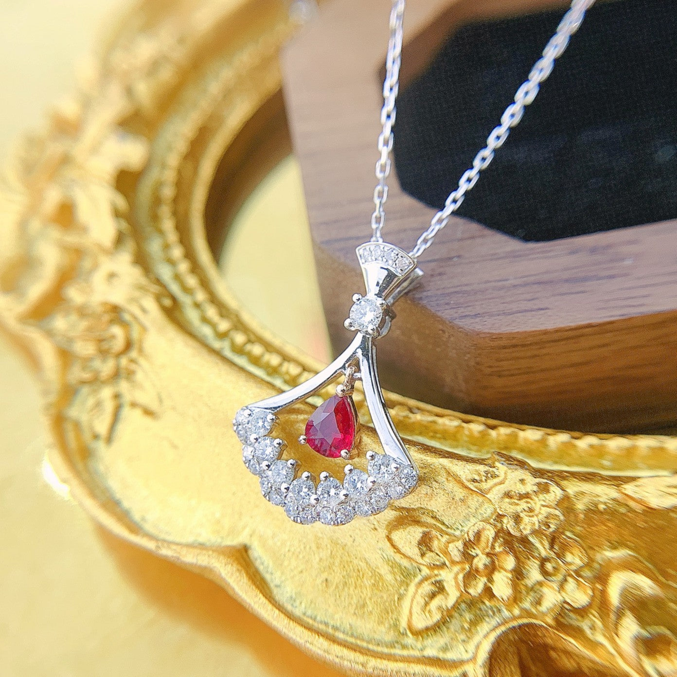 18K Rose Gold Ruby Pendant Necklace with Delicate Drop Design - Red Treasure Necklace