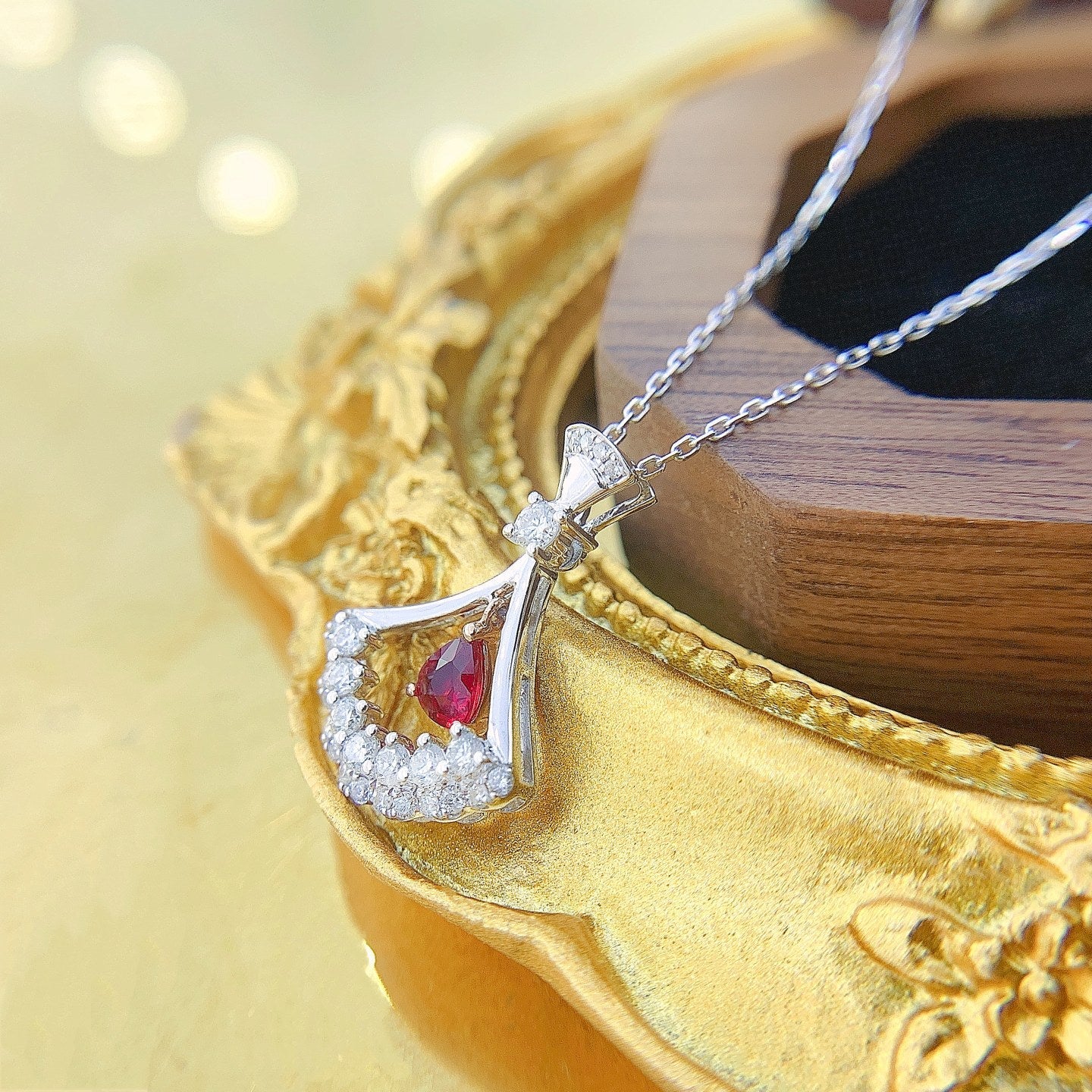 18K Rose Gold Ruby Pendant Necklace with Delicate Drop Design - Red Treasure Necklace