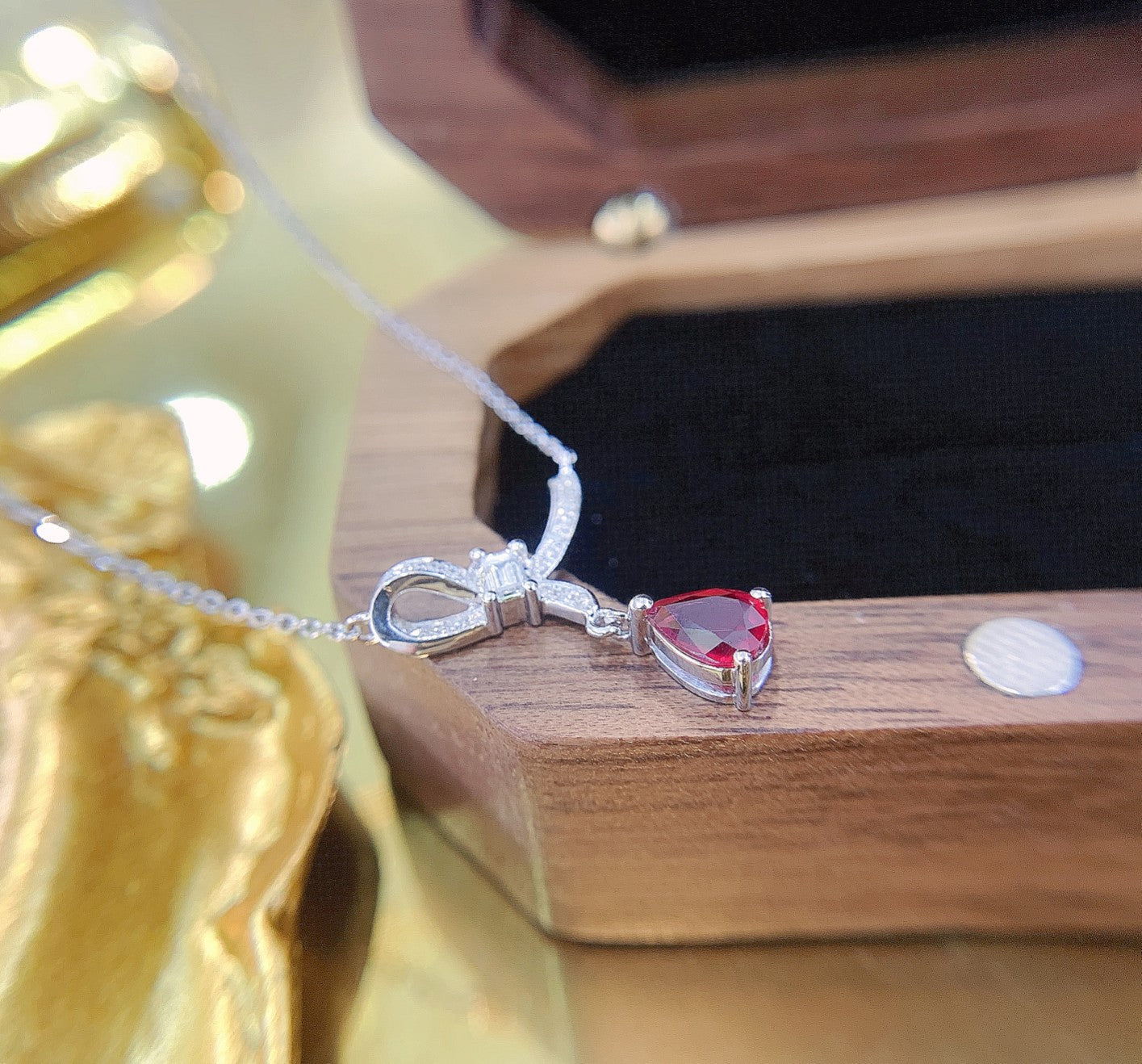 18K Rose Gold Ruby Pendant Necklace with ’You’ Character Design - Red Treasure Necklace