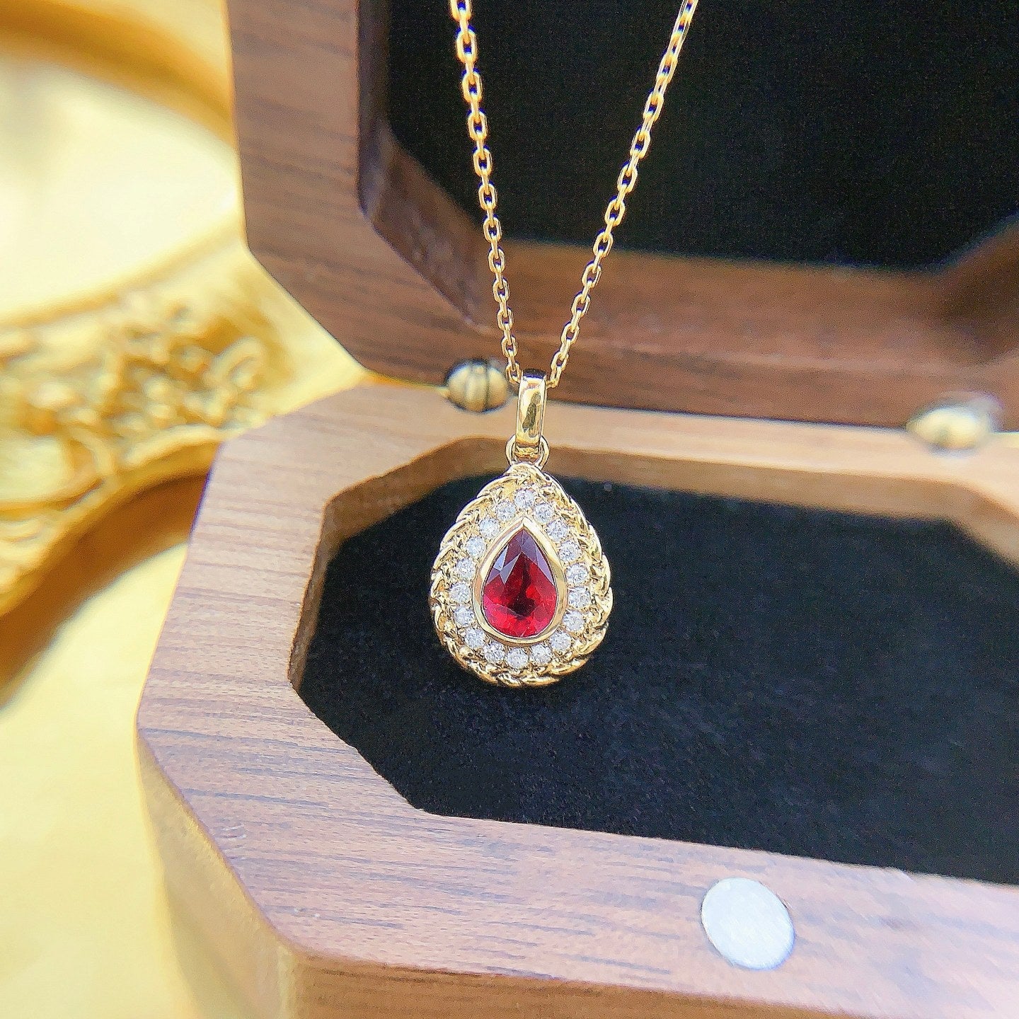 18K Rose Gold Ruby Pendant with Filigree Edge Jewelry - Red Treasure Necklace