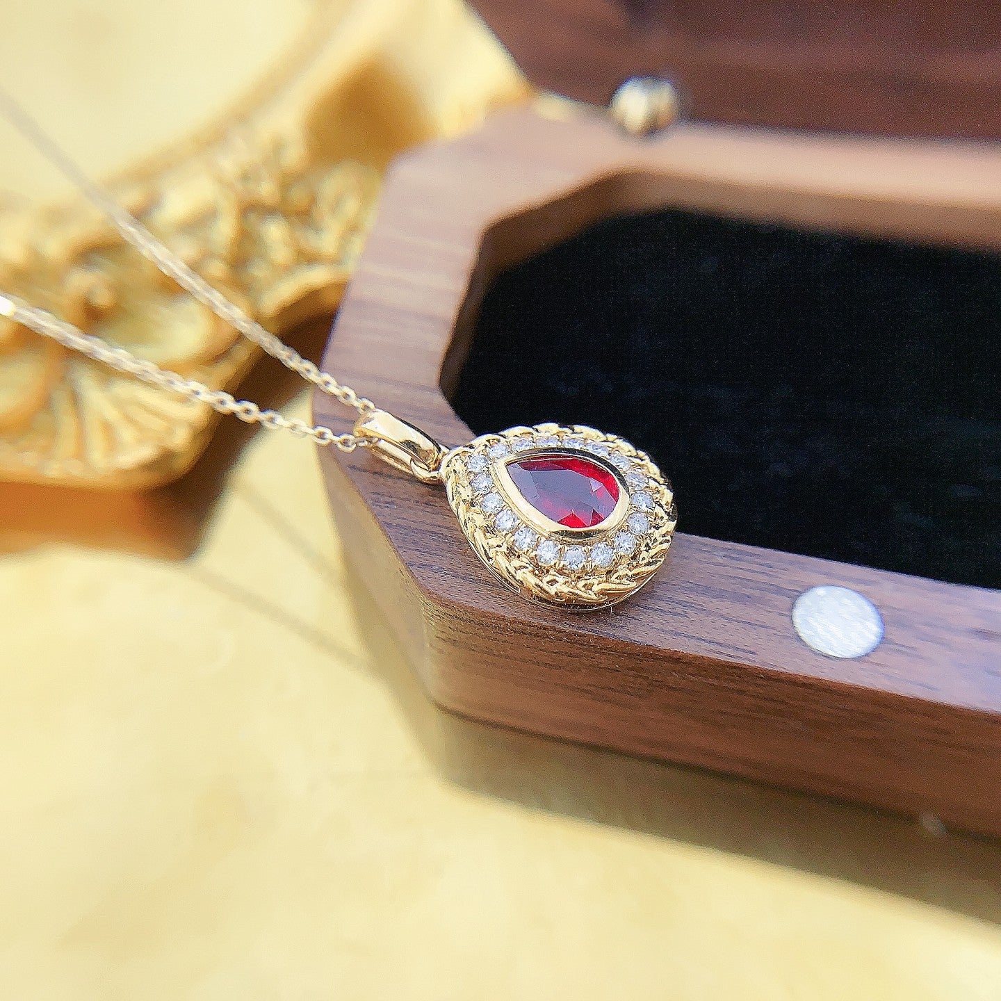 18K Rose Gold Ruby Pendant with Filigree Edge Jewelry - Red Treasure Necklace