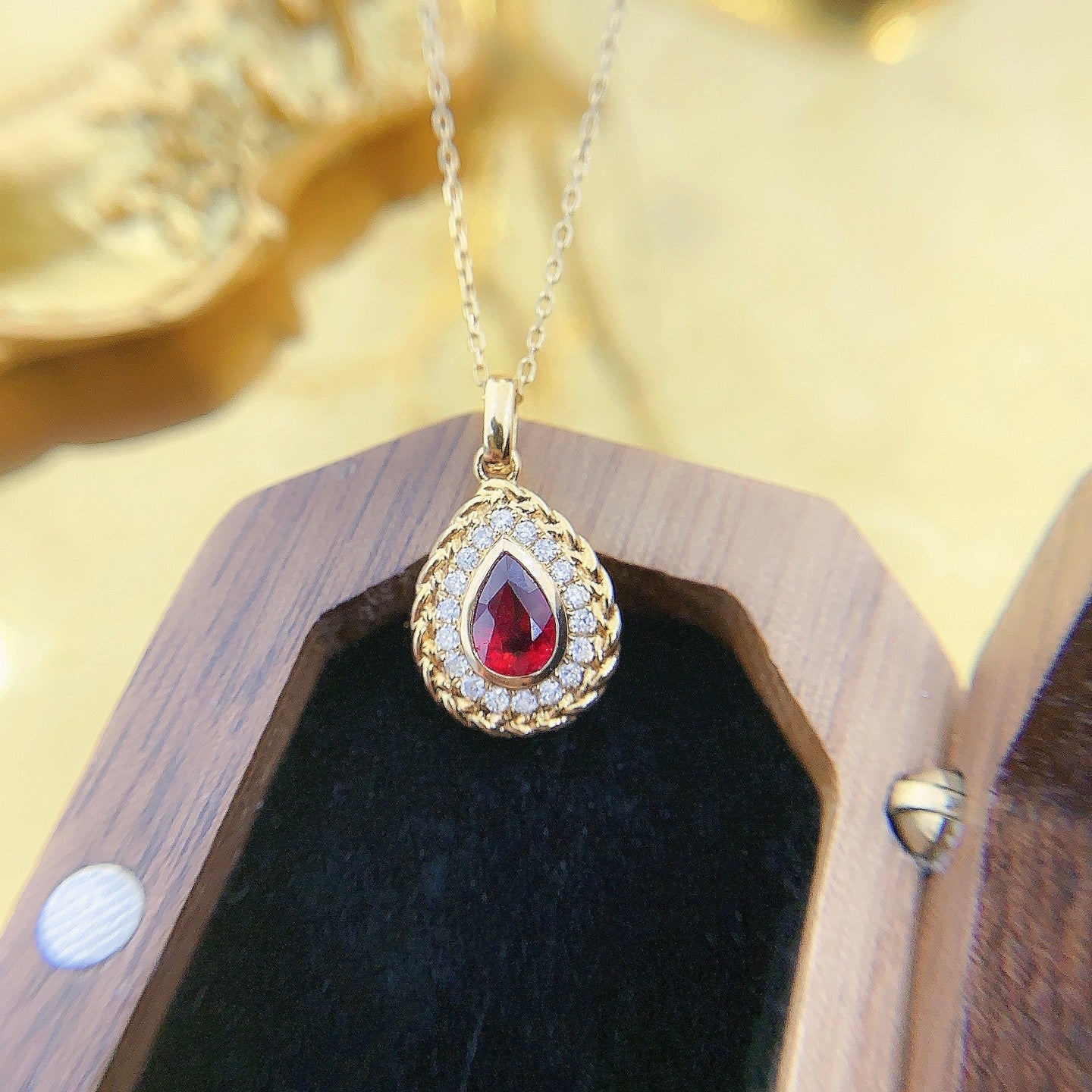 18K Rose Gold Ruby Pendant with Filigree Edge Jewelry - Red Treasure Necklace