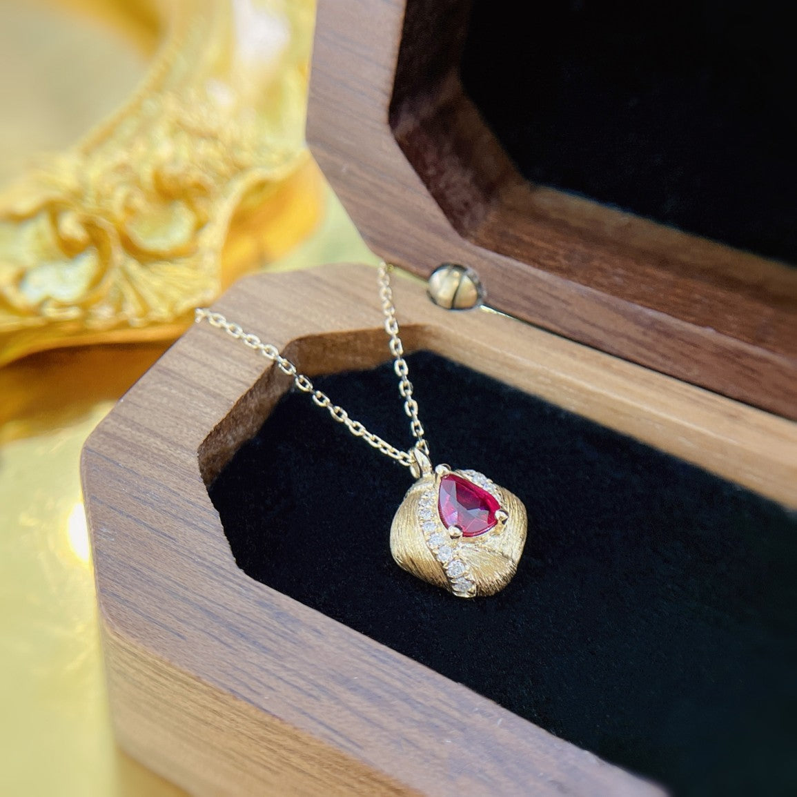 18K Rose Gold Ruby Pendant with Matte Finish - Delicate Jewelry Piece - Red Treasure Necklace