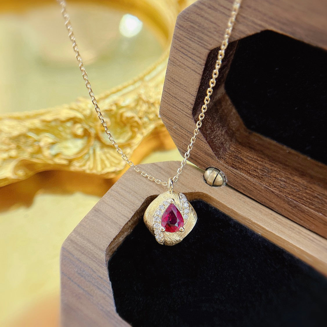 18K Rose Gold Ruby Pendant with Matte Finish - Delicate Jewelry Piece - Red Treasure Necklace