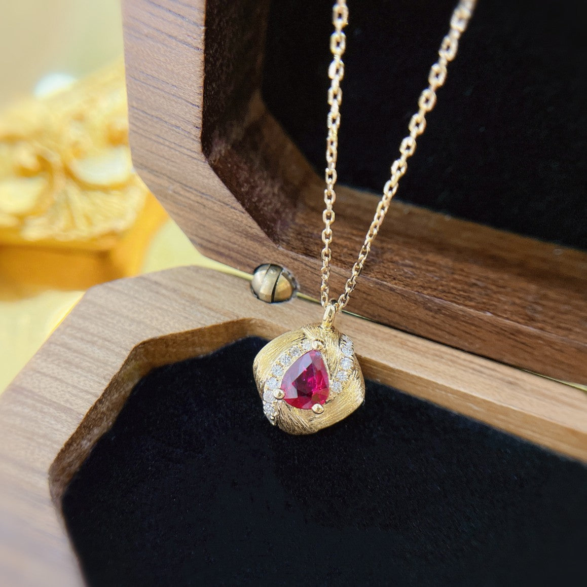 18K Rose Gold Ruby Pendant with Matte Finish - Delicate Jewelry Piece - Red Treasure Necklace