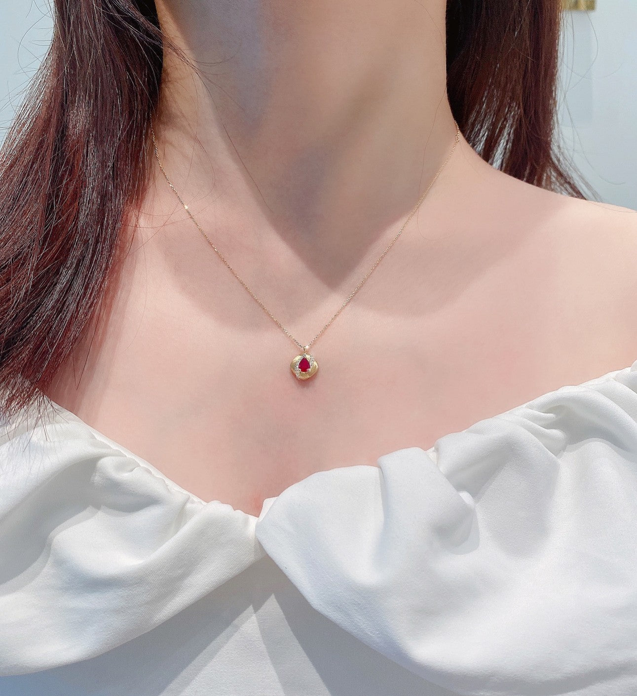 18K Rose Gold Ruby Pendant with Matte Finish - Delicate Jewelry Piece - Red Treasure Necklace