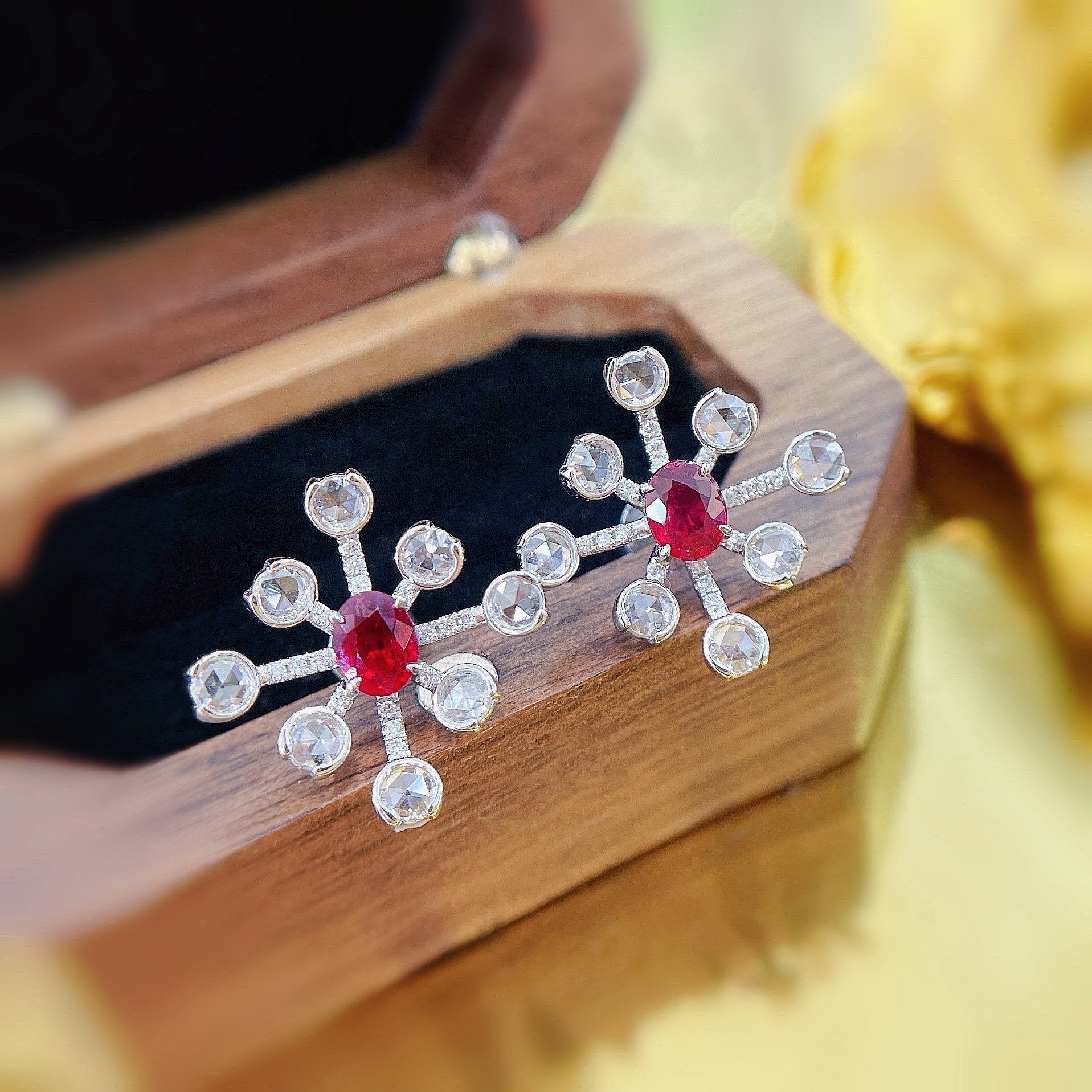 18K Rose Gold Ruby Round Snowflake Earrings - Luxurious Jewelry Jeweler.Jewelry