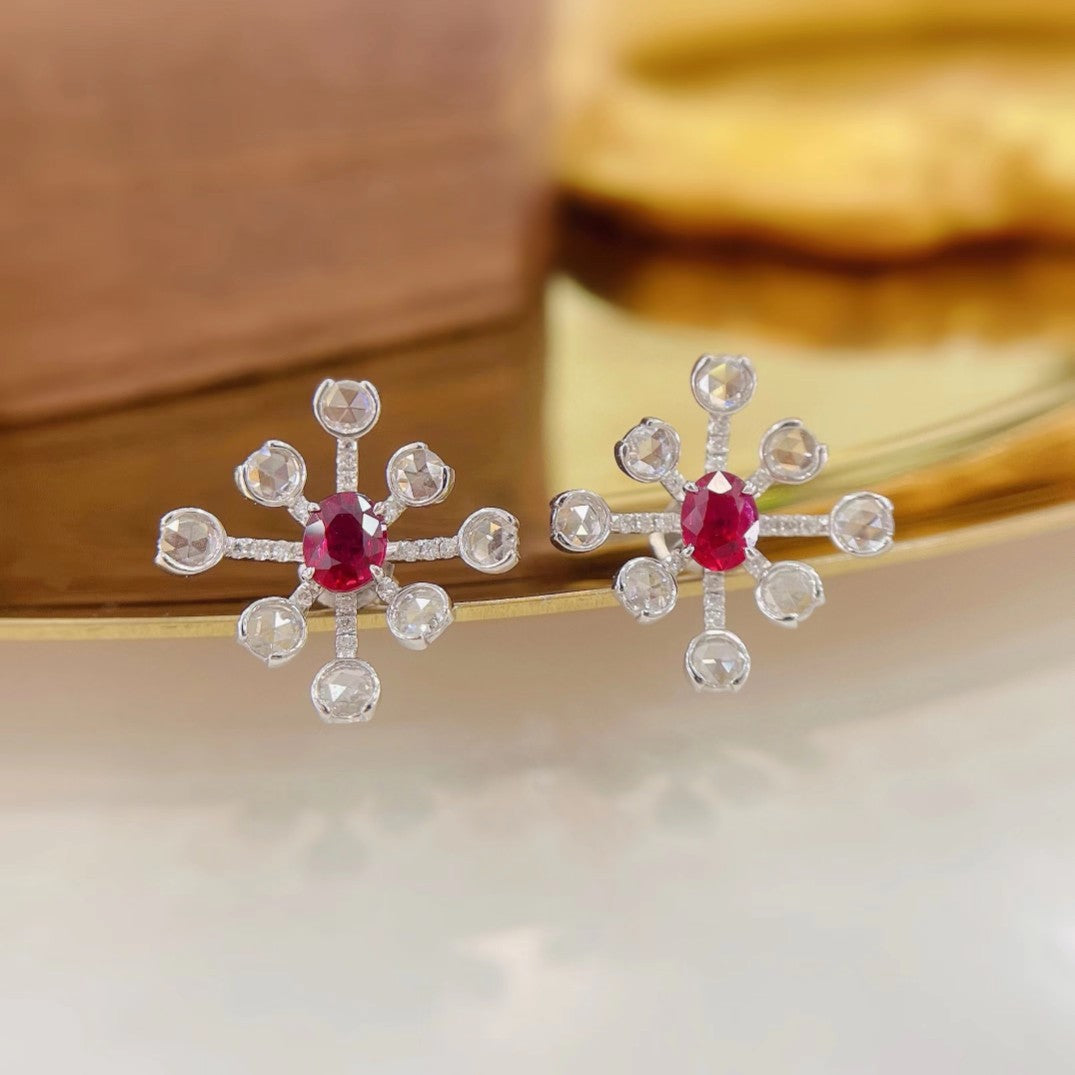 18K Rose Gold Ruby Round Snowflake Earrings - Luxurious Jewelry Jeweler.Jewelry