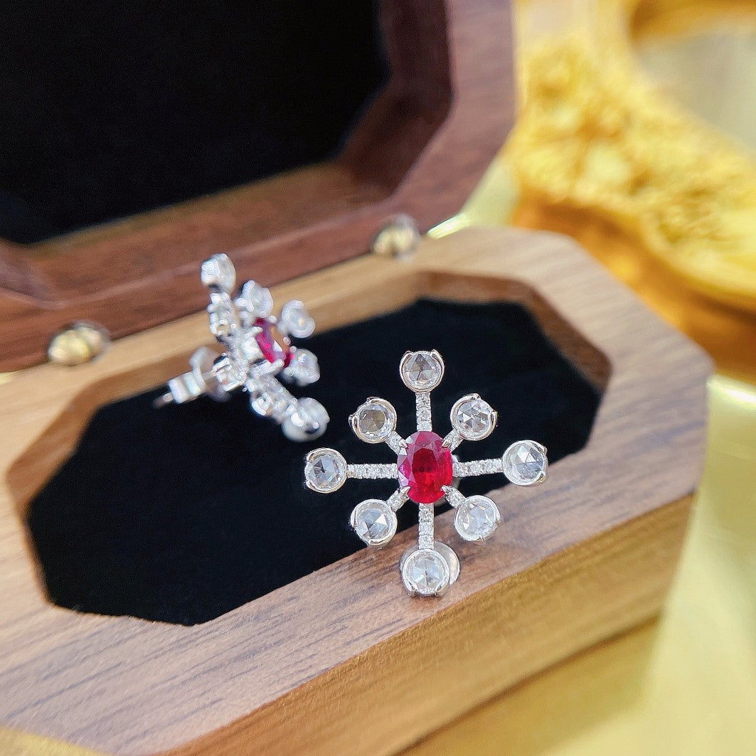 18K Rose Gold Ruby Round Snowflake Earrings - Luxurious Jewelry Jeweler.Jewelry