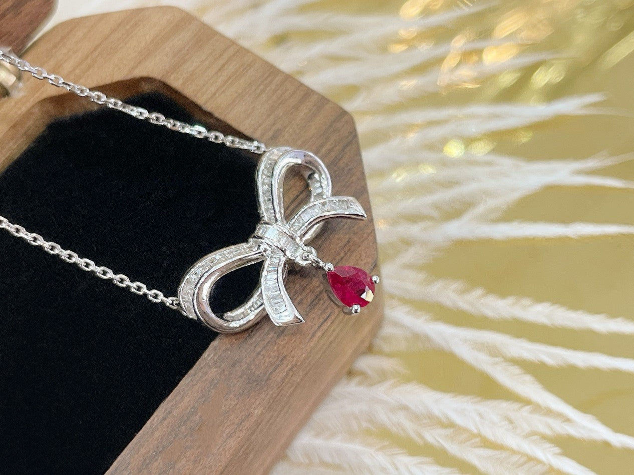 18K Rose Gold Ruby Waterdrop Bowknot Necklace - Elegant Jewelry Piece - Red Treasure Necklace