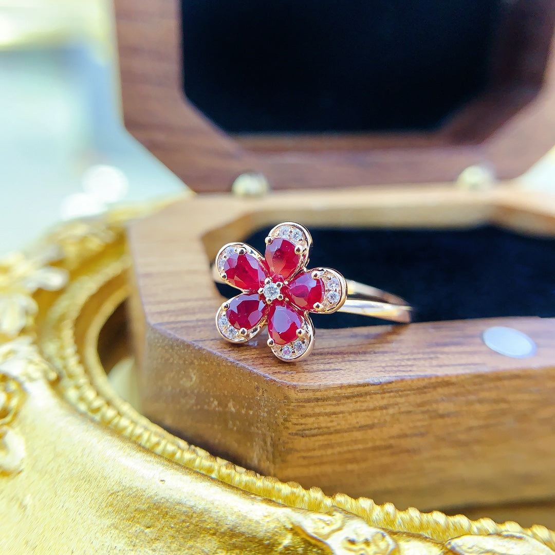 18K Rose Gold Ruby Waterdrop Five-Petal Ring | Exquisite Jewelry - Red Treasure Ring