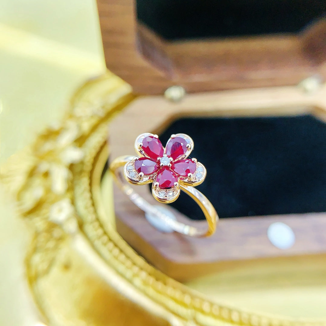 18K Rose Gold Ruby Waterdrop Five-Petal Ring | Exquisite Jewelry - Red Treasure Ring