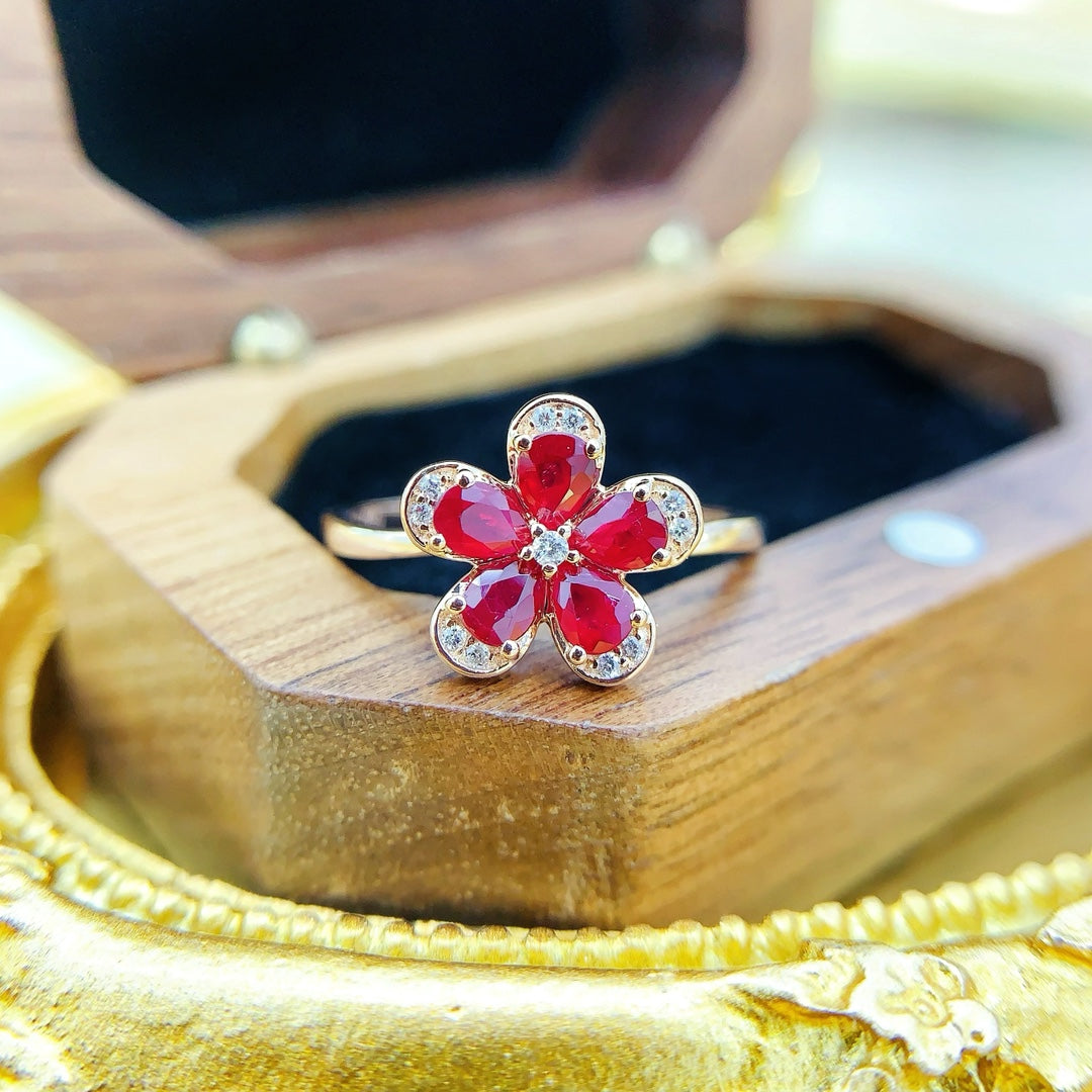 18K Rose Gold Ruby Waterdrop Five-Petal Ring | Exquisite Jewelry - Red Treasure Ring