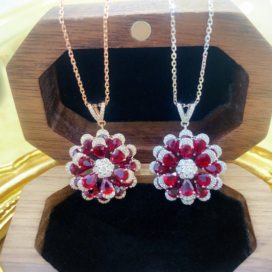 18K Rose Gold Ruby Waterdrop Six-Prong Set Flower Bud Necklace | Jewelry Gem - Red Treasure Necklace